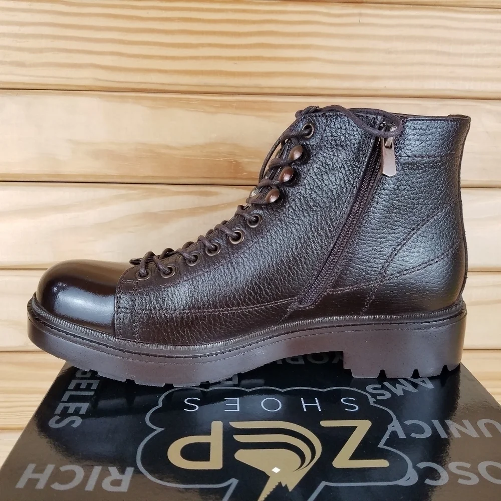 Men's 8M 100% Genuine Leather Brown Ankle Boots by Paul Branco Side Zip Lace-up